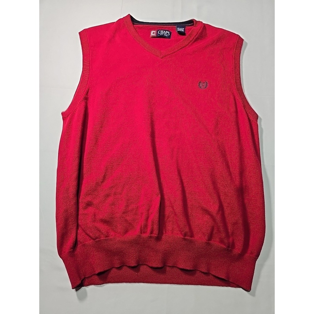 Chaps Ralph Lauren Men's Large V Neck Red Knit Sleeveless Sweater Vest Cotton